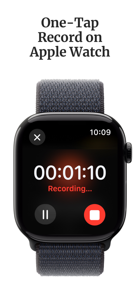 HyNote Apple Watch 앱 인터페이스에서 진행 중인 음성 녹음