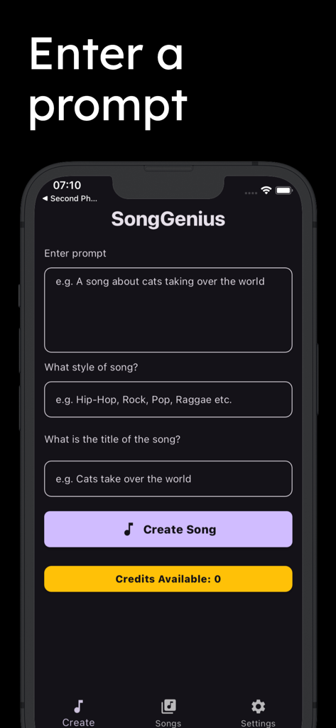 SongGenius: AI Music & Lyrics - User interface of the SongGenius app showing fields for entering an AI music prompt, song style, and title