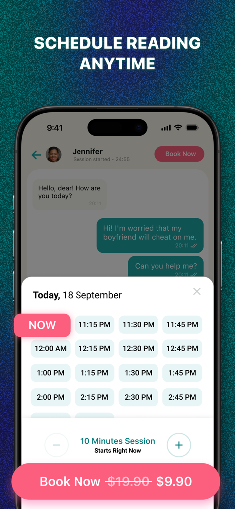 Interface of PsychicBook app showing a scheduling popup for a psychic reading session with available time slots