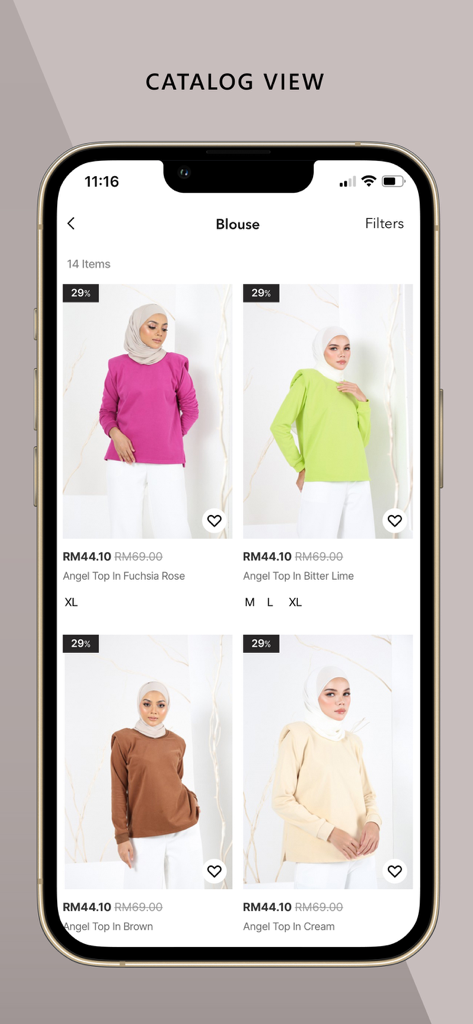 She Dazzle app catalog displaying various modest blouses for women