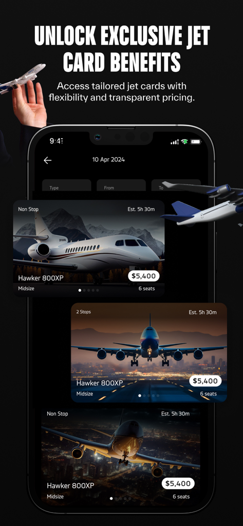 Jettly Private Jet Charter - Interface of the Jettly app showing private jet card benefits and pricing.