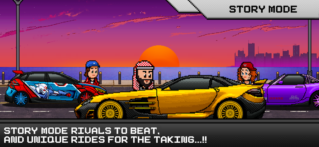 Pixel X Racer : Drag Racing - Modo historia de Pixel X Racer con tres coches personalizados y personajes rivales al atardecer.