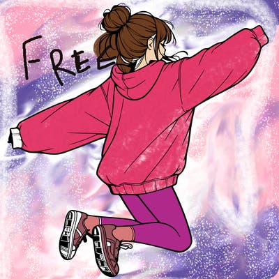 realistic girl jumping with a bun and oversized sweatshirt