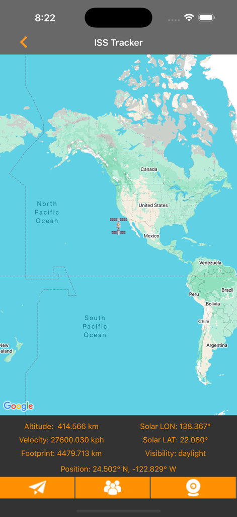 International Space Station real time tracker map with altitude and velocity data