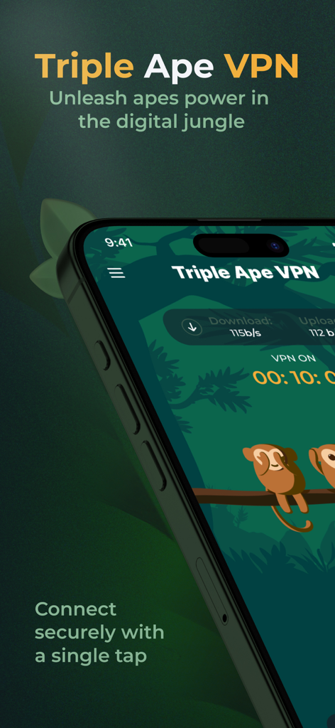 Triple Ape VPN - Triple Ape VPN mobile app interface showing a secure connection status with jungle theme and monkey mascots