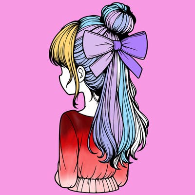 realistic girl  with hip length hair a bun and a big bow on the back of head