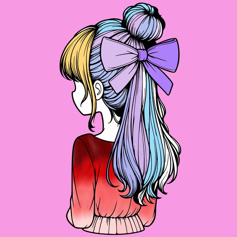 realistic girl  with hip length hair a bun and a big bow on the back of head