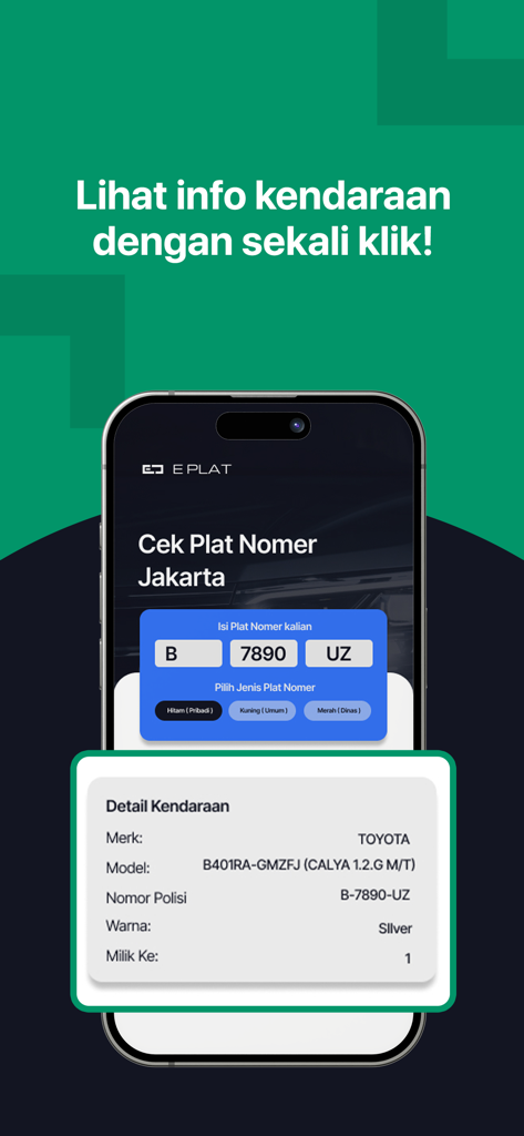 E Plat: Cek Pajak Kendaraan - E Plat mobile app interface displaying detailed vehicle information and registration status for an Indonesian license plate