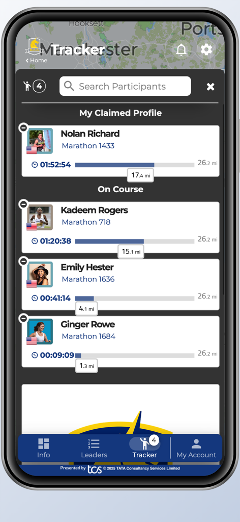 B.A.A. Racing App - Live participant tracking screen in the B.A.A. Racing App showing runner names and marathon progress