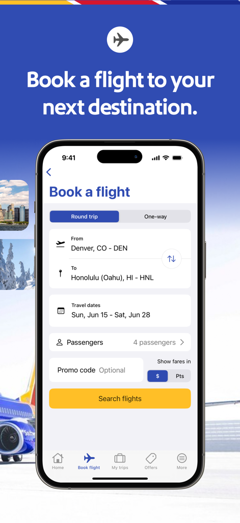 Southwest Airlinesのモバイルアプリ画面で、デンバーからホノルルへのフライトを予約しています。