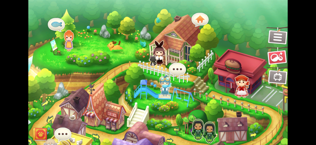 Escape game:Stray Cat Doors 3 - Vista de arriba hacia abajo de un acogedor pueblo con personajes adorables y edificios coloridos en Stray Cat Doors 3.