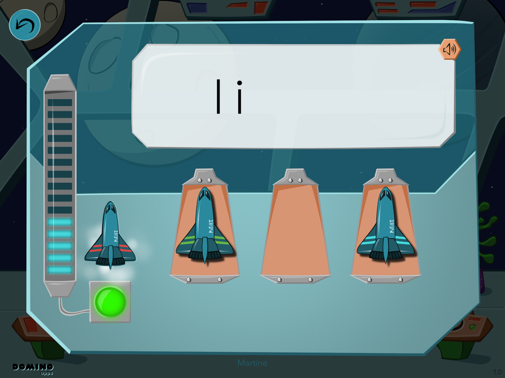 AstroLire - AstroLireインターフェース。宇宙をテーマにしたグラフィックでフランス語の音節読解レッスンを表示しています。