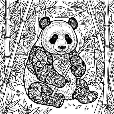Embark on a tranquil coloring journey with this stunning adult giant panda design. Featuring intricate patterns and a lush bamboo backdrop, it's perfect for a relaxing artistic escape.