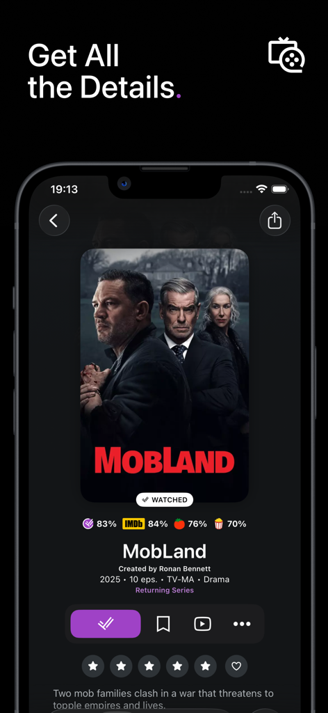 trakt.TV Shows & Movies - Interfaccia dell'app Trakt che mostra valutazioni di film e dettagli di produzione per la serie MobLand