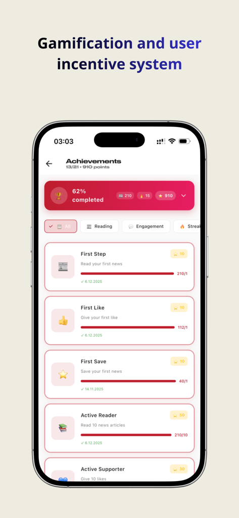 Zamin - Tela de conquistas do aplicativo Zamin mostrando recursos de gamificação e sistema de incentivo ao usuário com barras de progresso para leitura e engajamento
