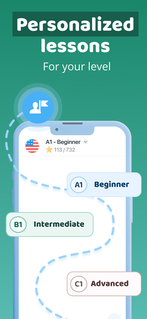 Interface do aplicativo Xeropan mostrando lições personalizadas em níveis iniciante, intermediário e avançado