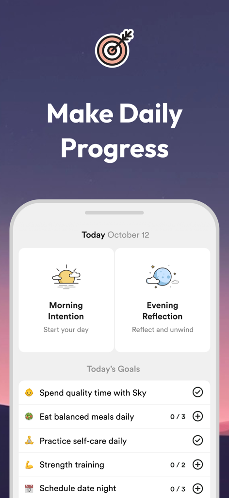 Rosebud: AI Journal & Diary - Rosebud app interface showing morning intentions, evening reflections, and a personalized daily goal checklist for self-improvement.