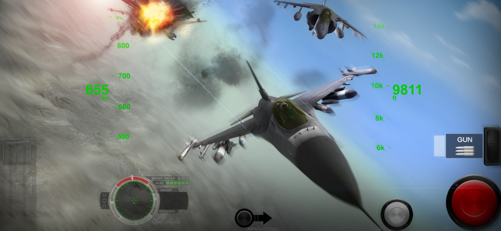 Jet da combattimento in un dogfight con esplosioni in AirFighters Combat Flight Sim