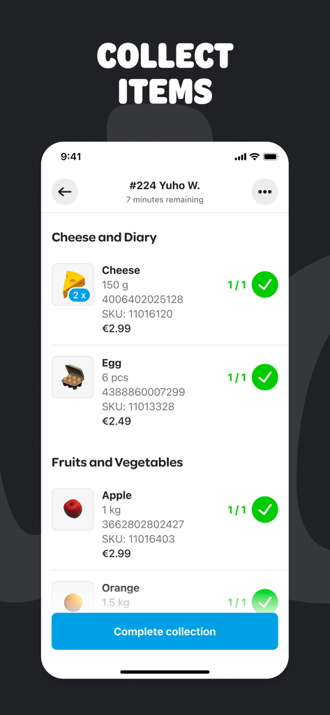 Merchant lite - Merchant Lite app interface showing an order item collection list with groceries like cheese eggs and fruit