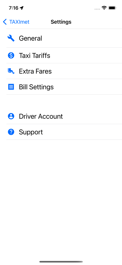 Settings menu of the TAXImet app showing configuration options for taxi tariffs, extra fares, and bill settings