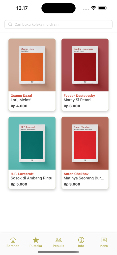 Baca Kakatua - The book catalog interface of the Baca Kakatua mobile app displaying a grid of titles by famous authors with their prices.