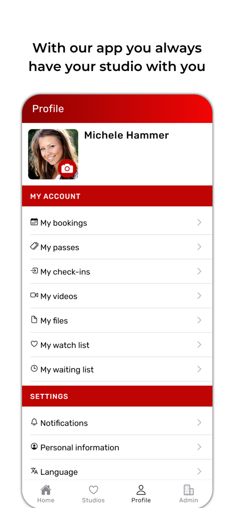 SportsNow app profile screen showing user bookings, passes, and check-ins.