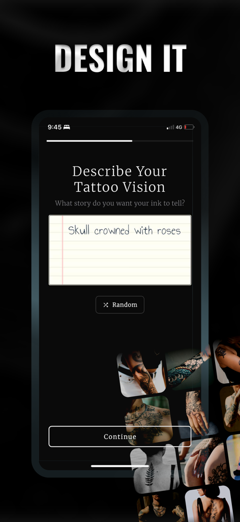 Tattoo Design Creator App - タトゥーデザインクリエイターアプリのインターフェースに、バラで飾られた王冠をかぶったスカルのプロンプトが表示されているテキスト入力が表示されています