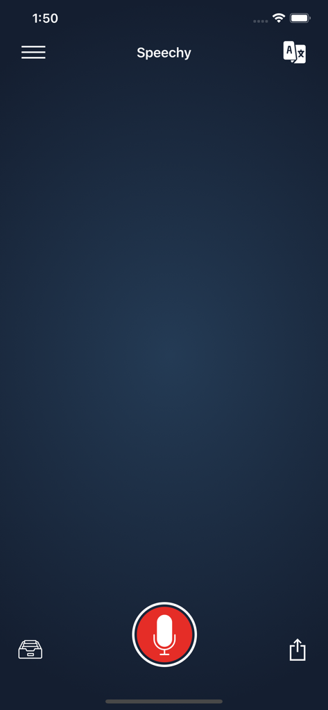 Voice Dictation - Speechy Lite - Speechy Liteアプリのメイン画面。赤いマイク録音ボタンを表示。