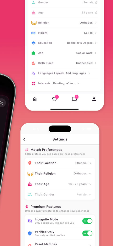 Gojo Ethiopian Dating App - User profile details and match preference settings in the Gojo Ethiopian dating app showing religious and location filters.