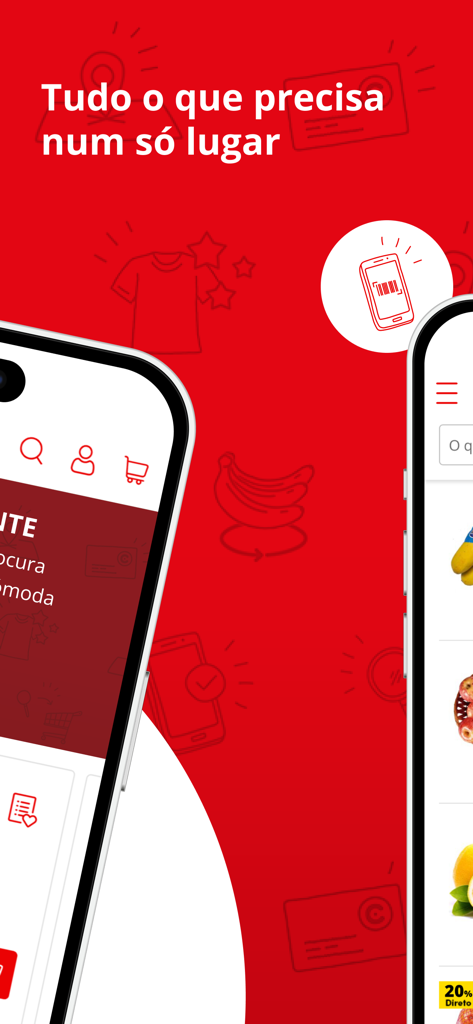 Continente Online mobile app interface showing grocery products and loyalty features on a red background