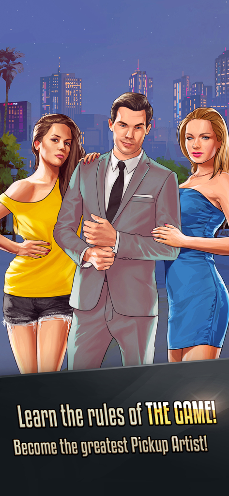 Un homme en costume posant avec deux femmes devant la ligne d'horizon d'une ville la nuit avec un texte sur l'apprentissage des règles du jeu.