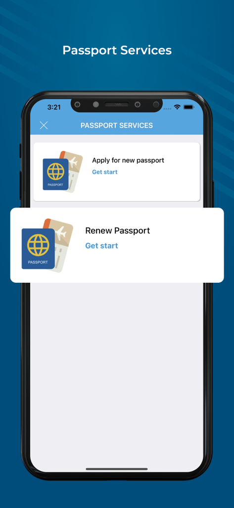 Digital Invea - Interface do aplicativo móvel Digital Invea mostrando serviços de passaporte com opções para solicitar um novo passaporte ou renovar um existente