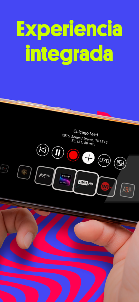 Simpleplus - A smartphone displaying the Simpleplus video player interface with live TV controls and a channel selection bar featuring Sony Channel and AMC.