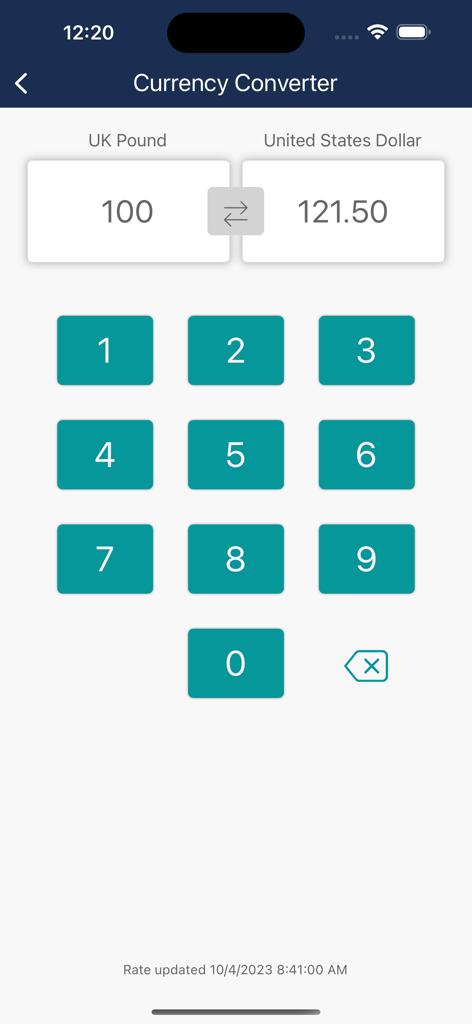 Supertravel app currency converter screen for UK Pounds to US Dollars.