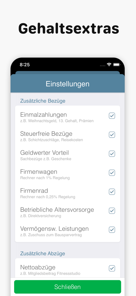 Bruno: Brutto Netto Rechner - Einstellungen für zusätzliche Gehaltsleistungen und Abzüge in der Bruno-Rechner-App