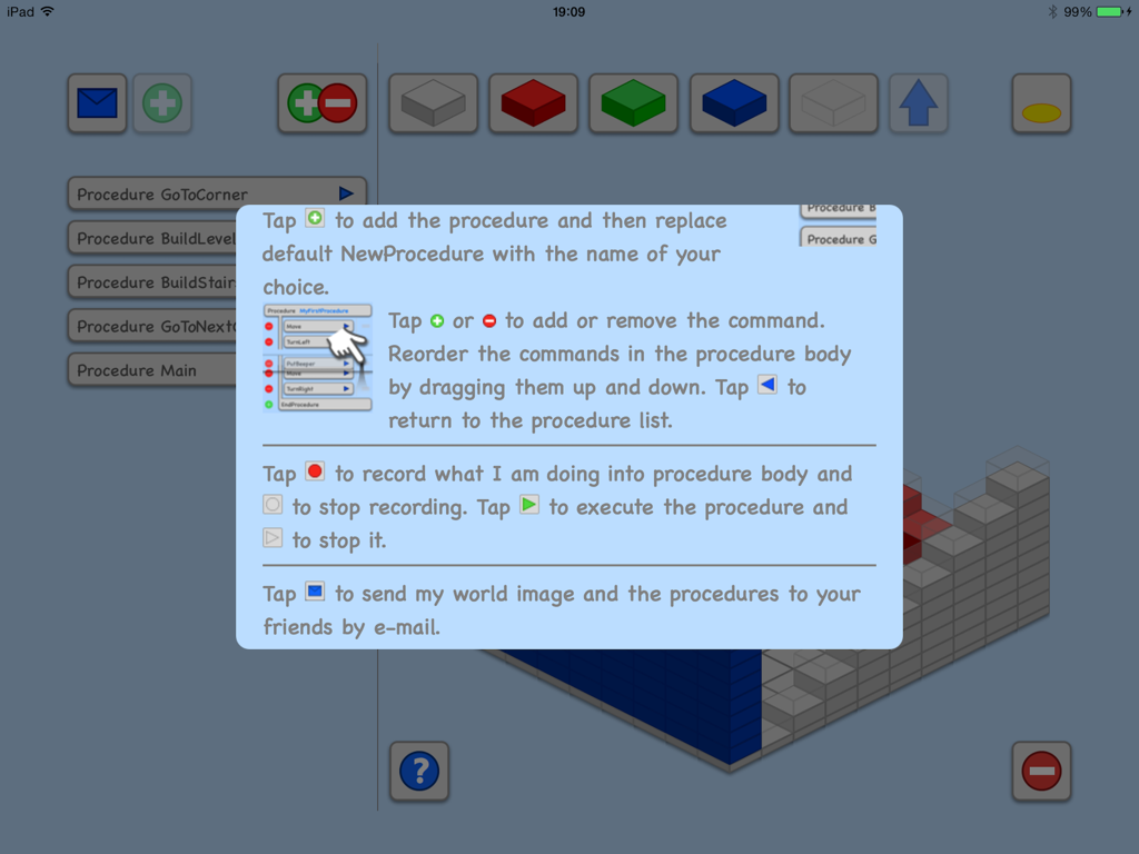 Ventana emergente de tutorial que explica cómo usar comandos y procedimientos en Karel the Robot