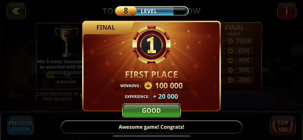Poker Championship online - First place tournament victory screen in Poker Championship online showing a 100000 chip prize