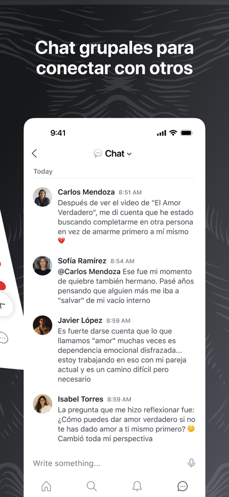 Te Vas AMORir - Captura de pantalla de la app Te Vas AMORir mostrando una interfaz de chat grupal donde los usuarios discuten temas de crecimiento personal.