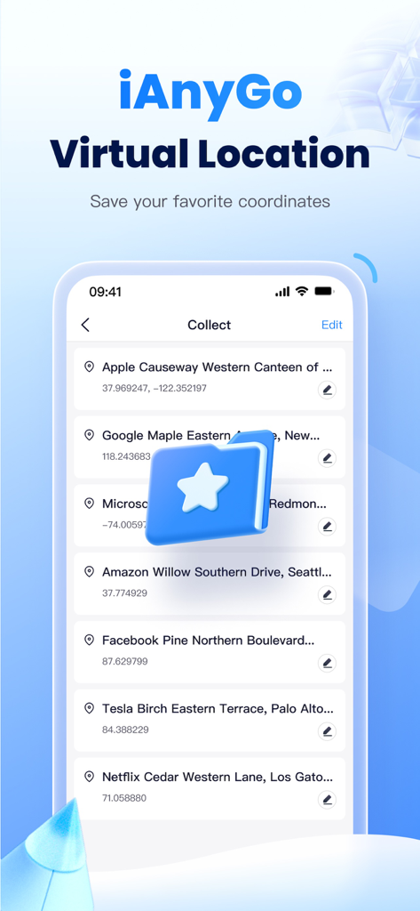 iAnyGo Virtual Location - Interface of iAnyGo app displaying a list of saved GPS coordinates and locations