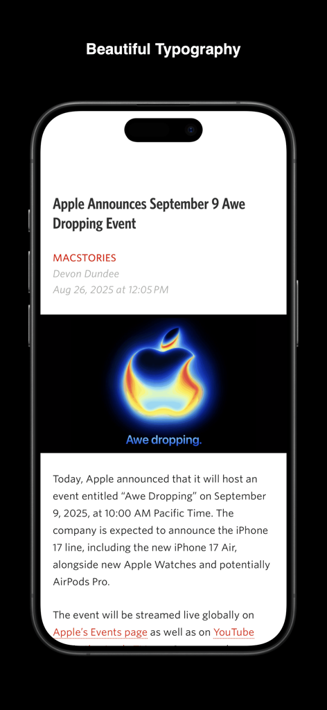 Unread RSS reader app on iPhone showing an article with clean and professional typography