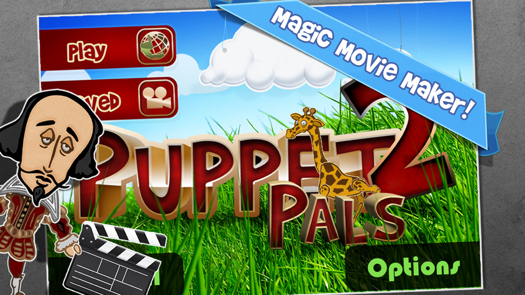 The home screen of Puppet Pals 2 School Edition app featuring a cartoon Shakespeare character and a giraffe in a field.