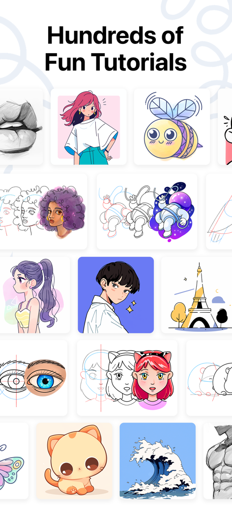 アニメキャラクターやかわいい動物を含む、さまざまな描画チュートリアル。