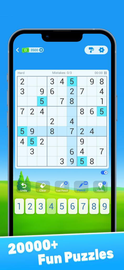 Sudoku: Train Brain Puzzles - Pantalla móvil que muestra una cuadrícula de Sudoku de 9x9 con controles y herramientas de juego