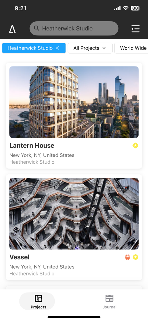 Architizerアプリに表示されている、ヘザウィック・スタジオによるニューヨークの建築プロジェクト