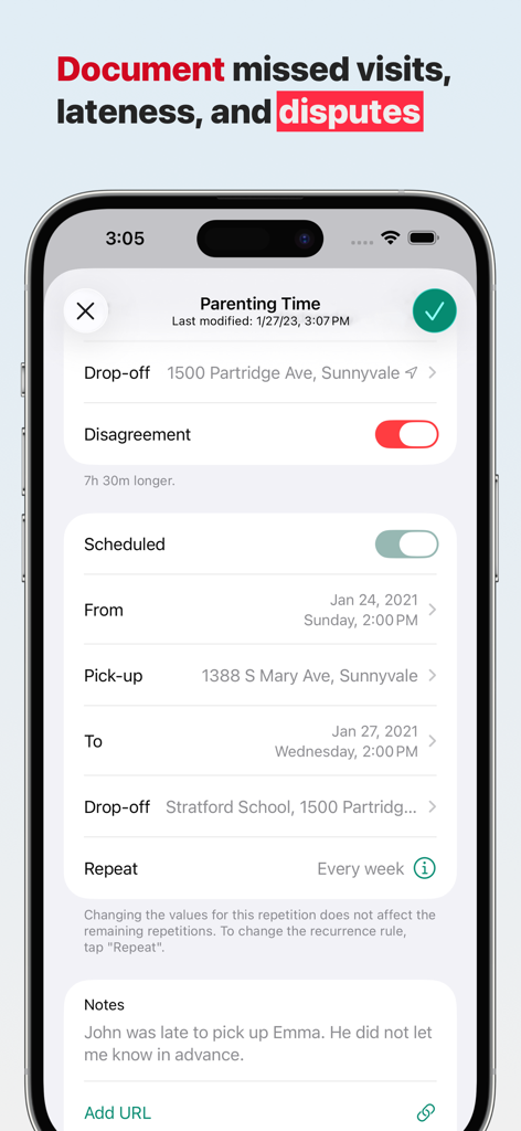 Interface de l'application Alimentor 2 pour enregistrer les détails du temps parental et documenter les désaccords ou retards de garde.