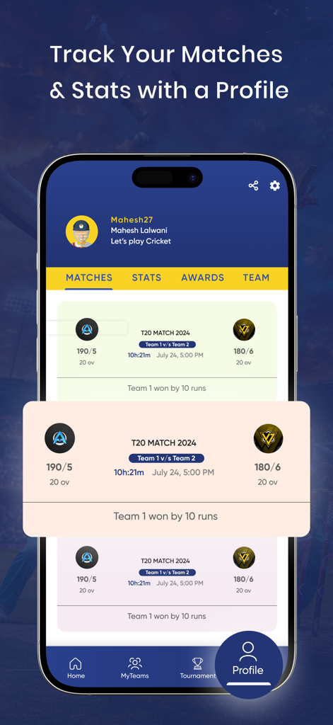 Cric11 mobile app screen showing a user profile with personal match history and cricket statistics.