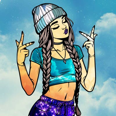 realistic teenage girl with braids and a beanie and crop top doing 🫶🏼