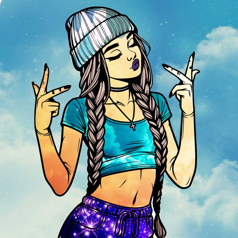 realistic teenage girl with braids and a beanie and crop top doing 🫶🏼