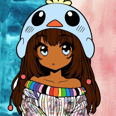 anime girl with chick shaped hat with sweater with bare shoulders with bangs covering them one eye with low tail