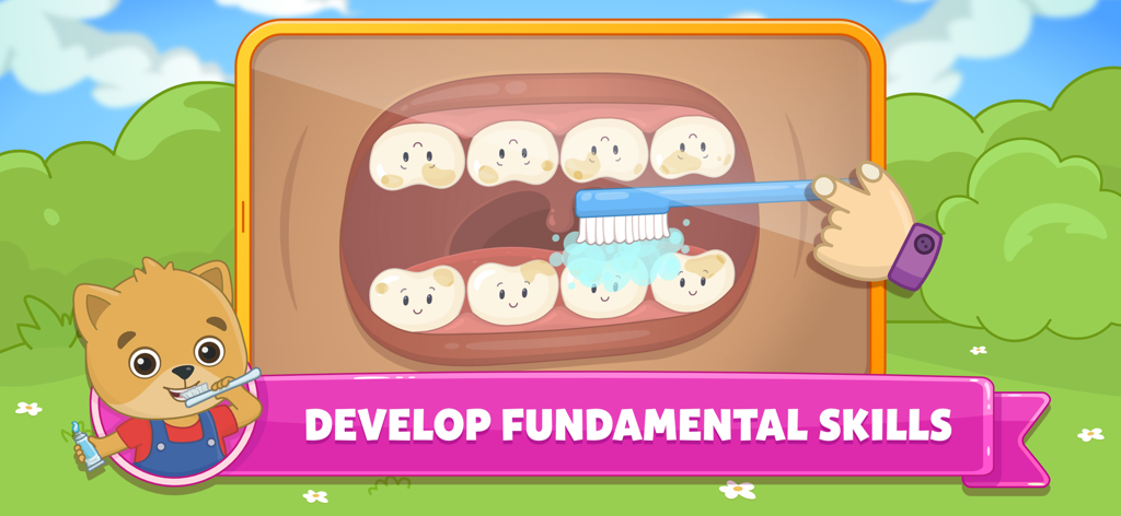 Personnage Bimi Boo apprenant aux enfants à se brosser les dents dans un jeu éducatif interactif